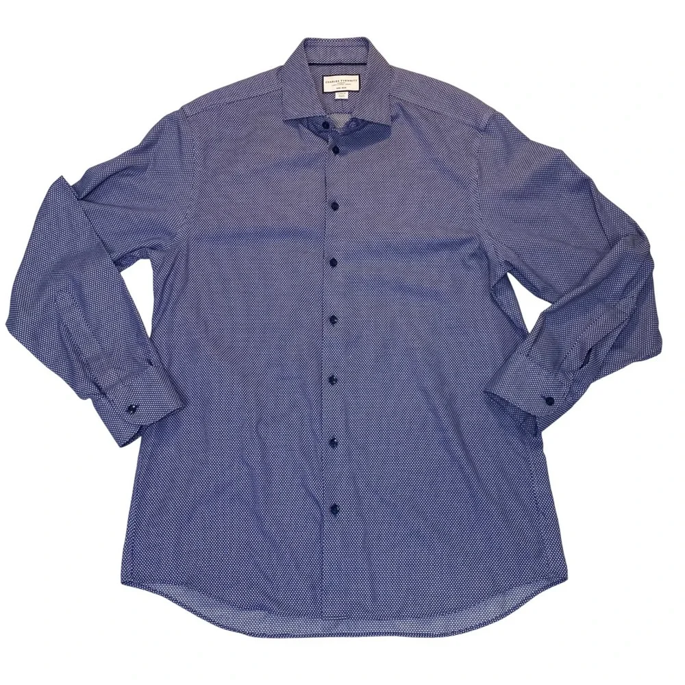 Charles Tyrwhitt Non-Iron Dress Shirt Mens 16 35 Classic Fit Blue Geometric Porn